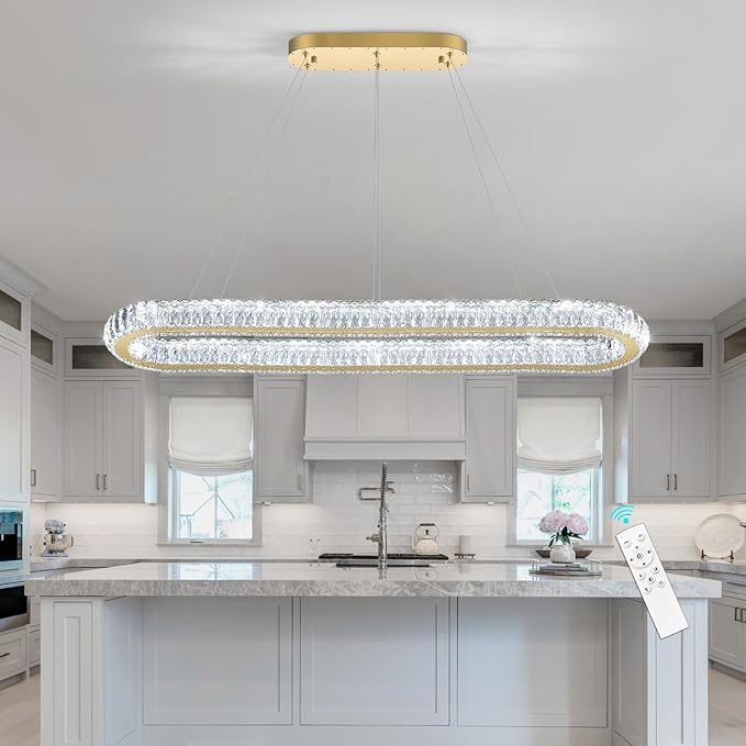 LED Oval Ring Chandelier Crystal Pendant Lighting for Dining Table Kitchen Island Remote Dimmable Hanging Light Chandeliers for Entryway Living Room Lights Gold