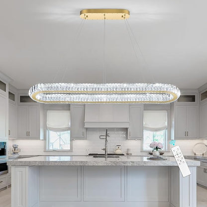 LED Oval Ring Chandelier Crystal Pendant Lighting for Dining Table Kitchen Island Remote Dimmable Hanging Light Chandeliers for Entryway Living Room Lights Gold