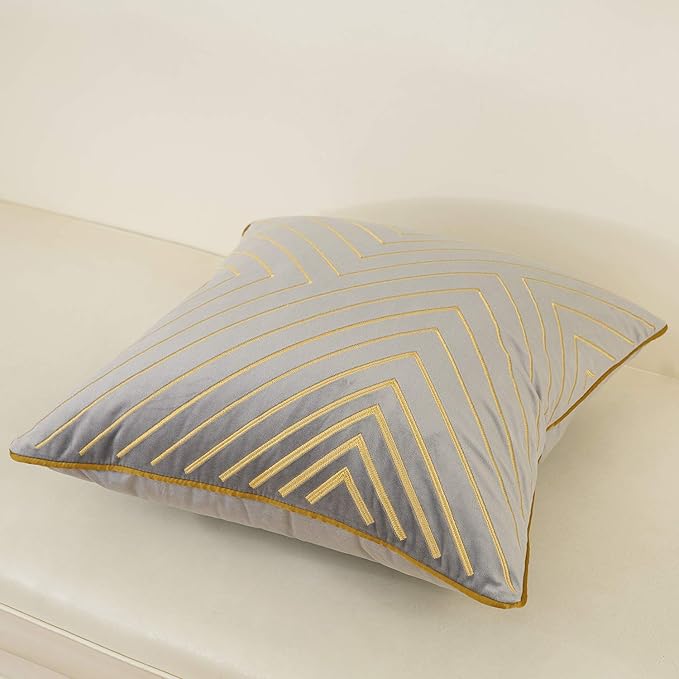Avigers 20 x 20 Inch Grey Gold Striped Geometric Lines Embroidery Velvet Cushion Case Luxury Modern Throw Pillow Cover Decorative Pillow for Couch Living Room Bedroom Car 50 x 50cm