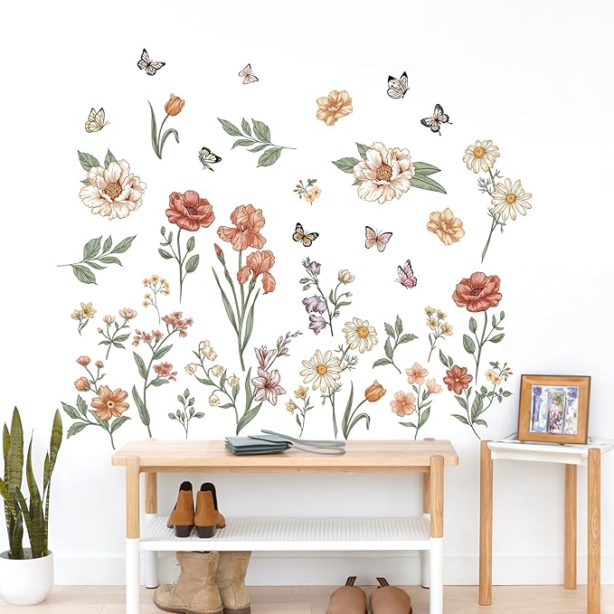 Watercolor Boho Flowers Wall Decals Wildflower Butterfly Garden Wall Stickers Removable Wall Art Decor for Living Room Bedroom