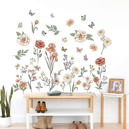 Watercolor Boho Flowers Wall Decals Wildflower Butterfly Garden Wall Stickers Removable Wall Art Decor for Living Room Bedroom