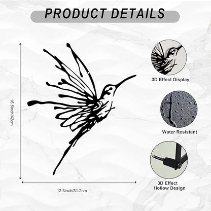 3D Metal Hummingbird Wall Art - Unique Black Outdoor Garden Decor, Waterproof Bird Sculpture for Patio, Living Room, Bedroom & Bathroom