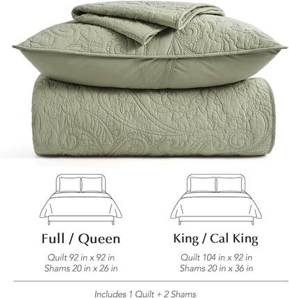 EVERGRACE 100% Cotton Paisley Quilt Set, King Size 3 Piece Set – Prewashed Lightweight Bedspread with 2 Shams, Soft & Breathable Matelasse Coverlet for All-Season Comfort, Light Sage Green