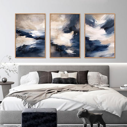 HLNIUC Blue Beige Abstract Wall Art Set of 3(16x24), Navy Brush Stroke Modern Art Decor, Earth Tone Minimalist Shape Framed Painting, Rust Dusty Neutral Prints for Living Room, Bedroom, Office