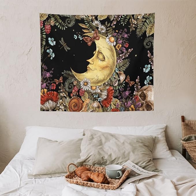 Boho Moon Tapestry Wall Hanging,Vintage Sun and Moon Skull Hippie Mushroom Floral Plant Tapestries for Dorm Living Room Bedroom Decor(50"x60")