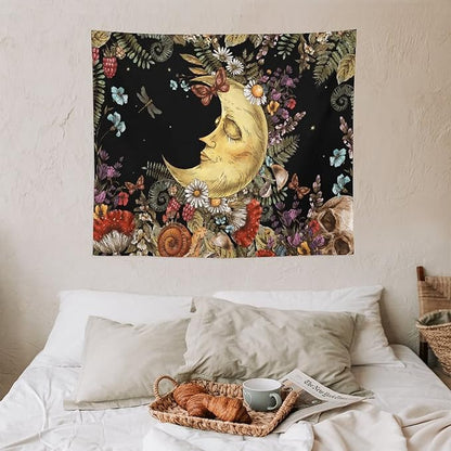Boho Moon Tapestry Wall Hanging,Vintage Sun and Moon Skull Hippie Mushroom Floral Plant Tapestries for Dorm Living Room Bedroom Decor(50"x60")