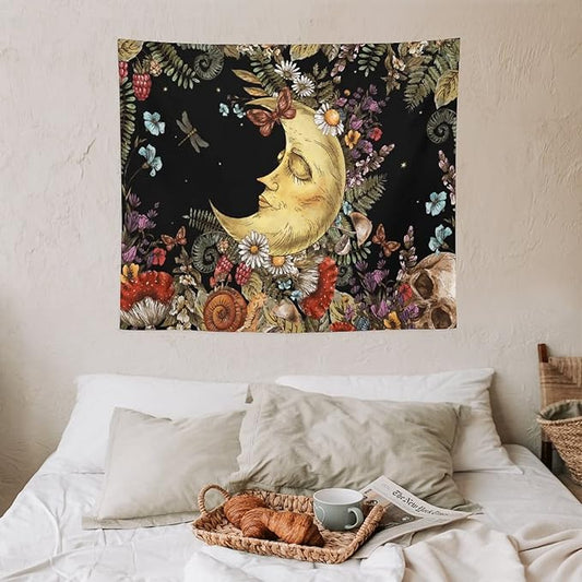 Boho Moon Tapestry Wall Hanging,Vintage Sun and Moon Skull Hippie Mushroom Floral Plant Tapestries for Dorm Living Room Bedroom Decor(50"x60")