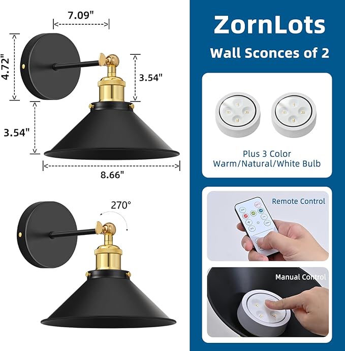 Battery Operated Wall Sconce Set of 2,Vintage Wireless Wall Sconces with Remote,Dimmable Led Wall Lights,Wall Lamp Fixture Indoor Bedroom Living Room Kitchen,LED Bulbs Included,Gold