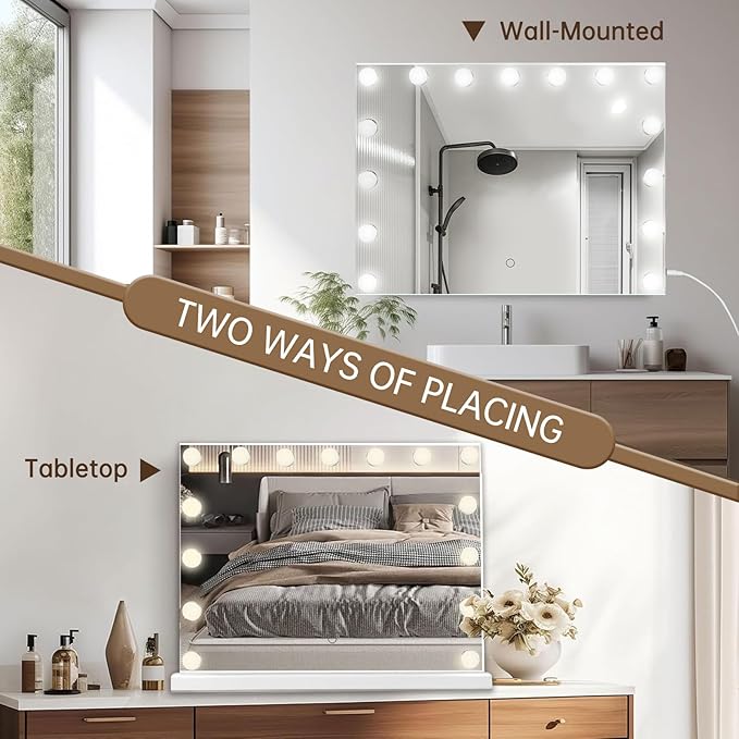 Hollywood Vanity Mirror with Lights, 23"x18" Lighted Makeup Mirror with 10x Magnification for Desk/Wall Mount, 15 Led Bulbs, 3 Lighting Modes for College Dorm, Bedroom, Dressing Room (White)