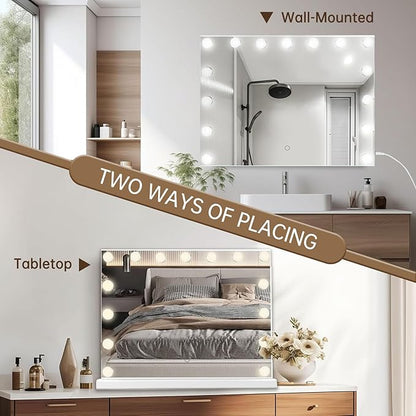 Hollywood Vanity Mirror with Lights, 23"x18" Lighted Makeup Mirror with 10x Magnification for Desk/Wall Mount, 15 Led Bulbs, 3 Lighting Modes for College Dorm, Bedroom, Dressing Room (White)