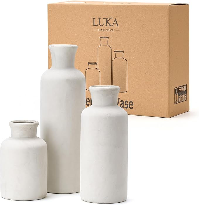 LUKA Ceramic Vase Set of 3,Decorative Terracotta Vases for Home Decor,Rustic Pottery Vase for Your Bedroom,Office,Living Room,Fireplace,Bookshelf （10+7.5+5 Inch） (Antique-White)