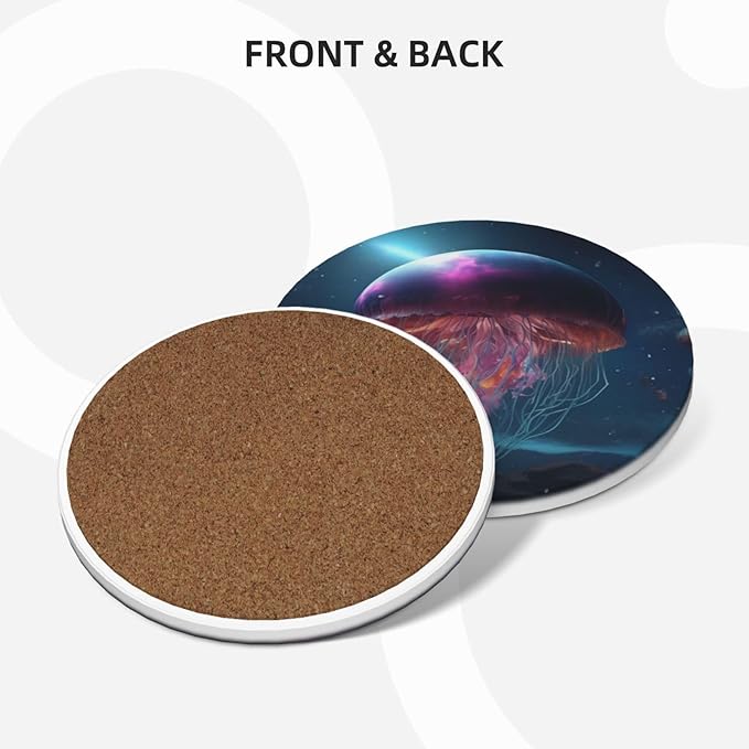 6 Pcs Ceramic Coasters with Holder Absorbent Drink Round Fantasy Mountains Galaxy Gellyfish Design for Home Table Coffee Cup Wine Beer Bar,Size 4.4 inches