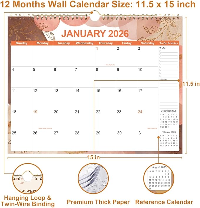 2026 Calendar - Calendar 2026 12 Month Planner from January 2026 to December 2026, Monthly Planner 2026 with Thick Paper, 11" x 14.5", Gold Leaf