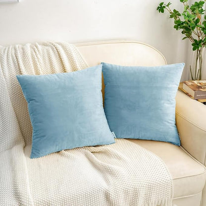 HWY 50 Light Blue Velvet Throw Pillow Covers 18x18 Inch, Pack of 2 Soft Cozy Solid Decorative Luxury Cushion Cases for Couch Sofa Bed Living Room Bedroom