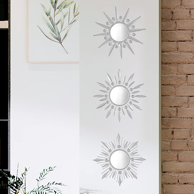 Silver Mirrors Wall Decor, Metal Sunburst Mirror Wall Art Christmas Decorative Mirrors, 9 inch Home Christmas Decoration Rhinestone Small Mirror for Living Room Entryway Set of 3