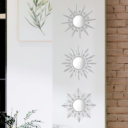 Silver Mirrors Wall Decor, Metal Sunburst Mirror Wall Art Christmas Decorative Mirrors, 9 inch Home Christmas Decoration Rhinestone Small Mirror for Living Room Entryway Set of 3