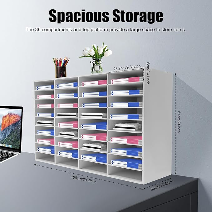 Literature Organizer with 36 Compartments | Adjustable Desktop File Sorter Mail Center for Home, Office & Classroom | PVC Paper Storage Cabinet with Shelves, White