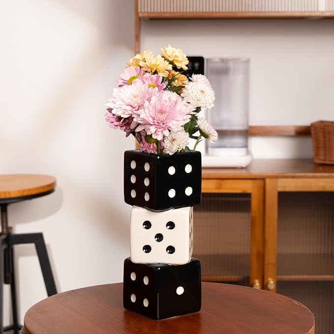 Unique Handmade Dice Vase - Stylish Black & White Ceramic Decor for Home, Bar | Geometric Design Perfect for Fresh, Dried, or Artificial Flowers | Eye-Catching Centerpiece & Decorative Accent