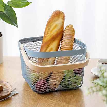 Metal Mesh Wire Basket, Small Steel Basket with Wooden Handle Storage Organizer Basket Multi-functional Hanging Kitchen Baskets Fruit Baskets for Kitchen Bathroom Cabinet Pantry Snacks, Blue