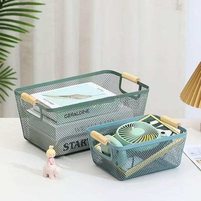 Metal Mesh Steel Basket, Small Wire Storage Organizer Baskets Multi-function Hanging Kitchen Basket with Wood Handle for Kitchen Bathroom Picnic Home, Rectangle-Blue