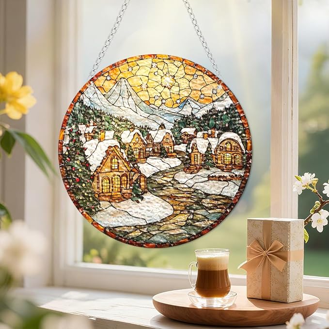 Chrismas Acrylic Stained Glass Window Hanging,Sun Catcher Decor Stained Panel Hangings Wall Art Decor, 2026 8x8inch (SCL011 Snow House)