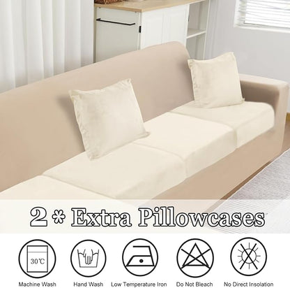 NAISI Sectional Couch Cover 3 Pieces Velvet Separate Couch Cushion Covers L Shape Soft Stretch Sofa Slipcovers with 2pcs Pillowcases for Left/Right Chaise Sectional Couch(2 Seater+1 Chaise,Cream)