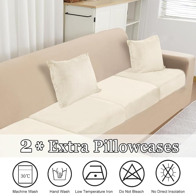 NAISI Sectional Couch Cover 4 Pieces Velvet Separate Couch Cushion Covers L Shape Soft Stretch Sofa Slipcovers with 2pcs Pillowcases for Left/Right Chaise Sectional Couch(3 Seater+1 Chaise,Cream)
