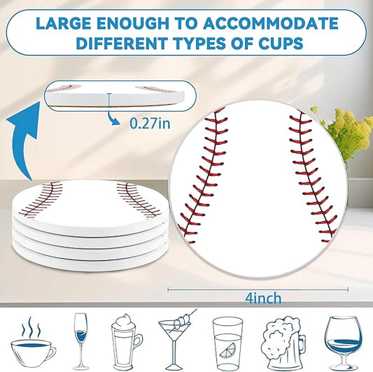 Baseball Round 4" Cup Coasters Set of 4, Absorbent Ceramic Stone Coasters with Cork Base, Ideal Gifts for Home Decor