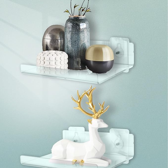 Floating Acrylic Shelves, 8X6 Inch Clear Wall Shelf, Small Plant Shelves, Picture and Toy Display Stand (No Drill, 2 Pack)