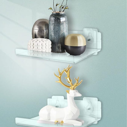 Floating Acrylic Shelves, 8X6 Inch Clear Wall Shelf, Small Plant Shelves, Picture and Toy Display Stand (No Drill, 2 Pack)