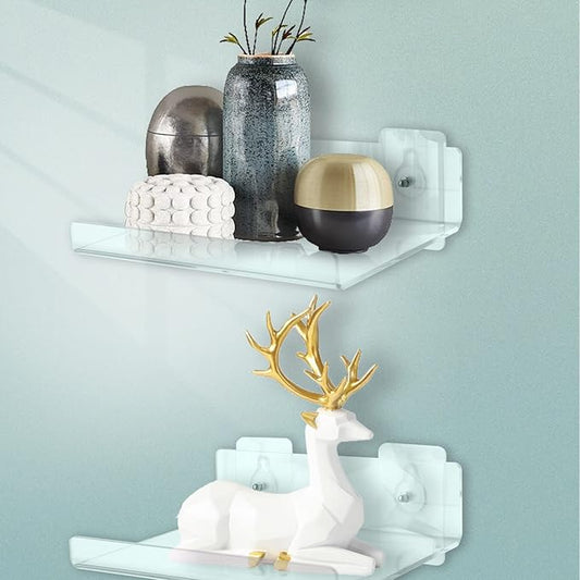 Floating Acrylic Shelves, 8X6 Inch Clear Wall Shelf, Small Plant Shelves, Picture and Toy Display Stand (No Drill, 2 Pack)