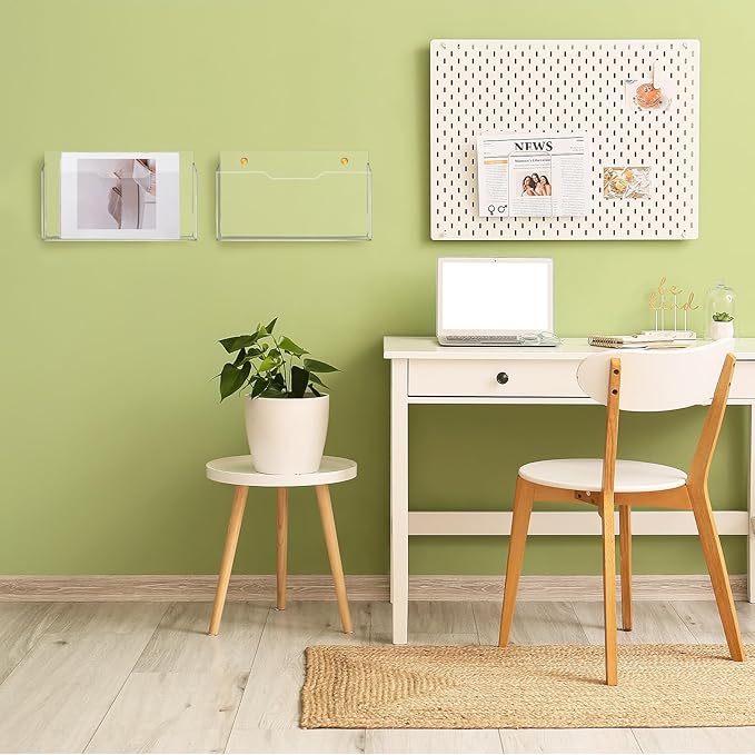 2Pcs Clear Acrylic File Holder Wall Mount Mail Magazine Organizer File Holders with Screw Wall Pocket Office Document Storage Rack Magazine Letter Brochure(14 x8.3 x1.2 ,Horizontal)