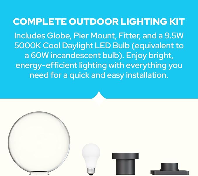KASTLITE 12" Globe Pier Mount Outdoor Lighting with LED Lamp | UV & Waterproof Pillar & Column Lights | Deck Driveway Yard Patio & Garden Fixture | Made in USA | Clear Cover, Black Basic Base