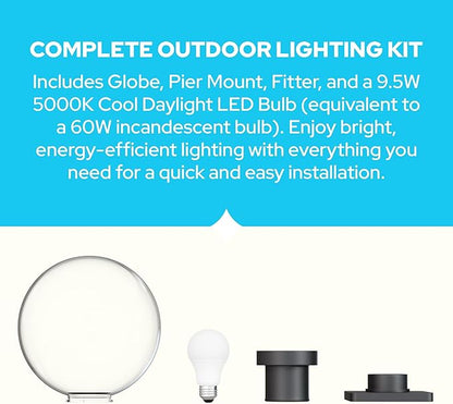 KASTLITE 12" Globe Pier Mount Outdoor Lighting with LED Lamp | UV & Waterproof Pillar & Column Lights | Deck Driveway Yard Patio & Garden Fixture | Made in USA | Clear Cover, Black Basic Base
