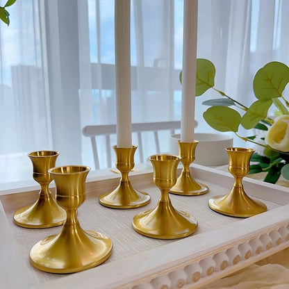 Vintage Brass Gold Taper Candle Holders, Set of 6, Metal Taper Candlestick Holder for Dinner Room Table Centerpiece, Wedding Reception, Festive,Mantel Decoration, Home Decor (Brass Gold, Set of 6)