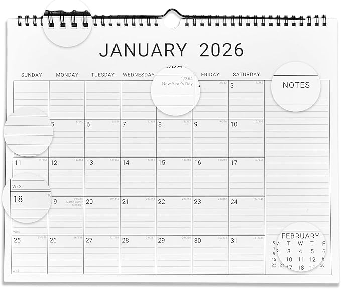 2026 Wall Calendar, 12 Month 14.8”x11.5” Year Monthly Organizer from January 2026-2027 Horizontal Blank Simple Spiral Bound Wire Hanging Calendar w/ Lines for Family, Home, Kitchen, Office White1