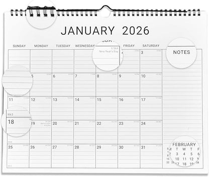 2026 Wall Calendar, 12 Month 14.8”x11.5” Year Monthly Organizer from January 2026-2027 Horizontal Blank Simple Spiral Bound Wire Hanging Calendar w/ Lines for Family, Home, Kitchen, Office White1