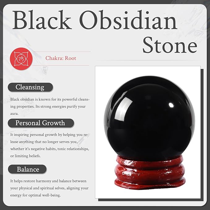 Sportmusies Natural Black Obsidian Stone Sphere with Wooden Stand, Polished Crystal Ball Decoration for Home & Office