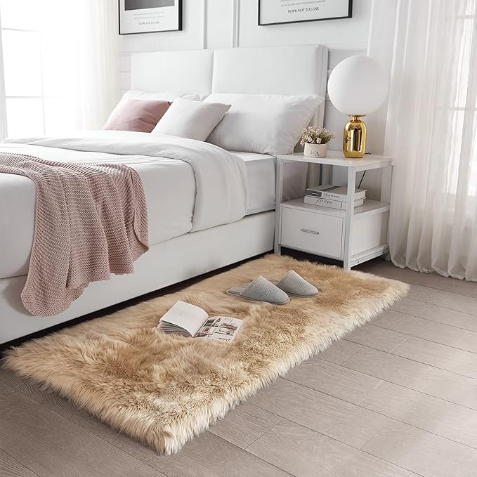 SERISSA Soft Fluffy Rug Beige Faux Sheepskin Fur Rug Shaggy Area Rug for Bedroom Floor Living Room 3x5 Feet