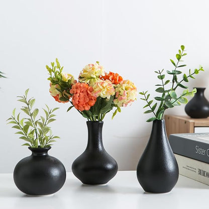 Small Ceramic Vase Set of 5, Black Bud Vase with Boho Decorative Design for Fireplace, Entryway & Living Room Centerpiece