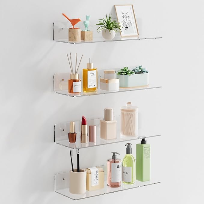 HANGE 6-Pack Clear Acrylic Floating Shelves, 12" Invisible Wall Mounted Shelves – Space-Saving Storage for Kids’ Books, Bathroom, Bedroom, Kitchen, Living Room – Modern Display Organizer (6)