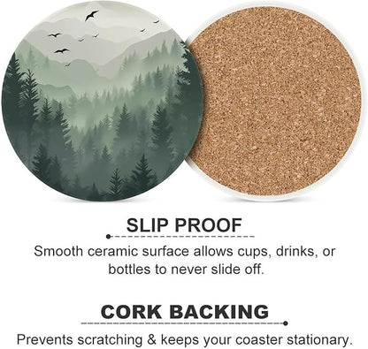 Round-6PCS Forest Ceramic Coasters, Round Absorbent Drink Coasters, Watercolor Green Forest Flying Birds Nature Mountain Tree Woodland Ceramic Table Coasters for Coffee, Beverage, Wine, Beer Coasters