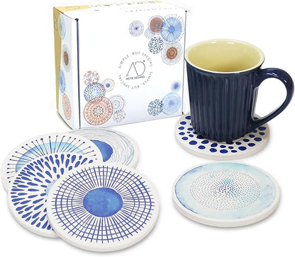 AD Set of 6 Coasters for Drinks Absorbing Round Ceramic Stone Coaster with Cork Base,Tabletop Protection Mat for Mugs and Cups,Office,Kitchen (Blue Watercolor Series)