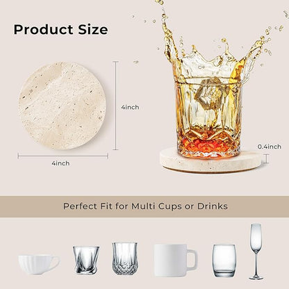 WORHE Natural Travertine Marble Coasters Set of 4-4" Round Stone Drink Coasters, Non-Slip Cork Backing, Housewarming Gift, Wedding, Protect Tables from Stains & Scratches (BD140)
