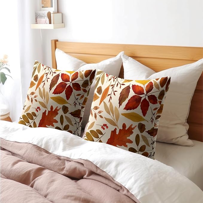 Fall Leaf Pillow Covers 20x20 Set of 2 Brown Beige Maple Leaves Autumn Harvest Throw Pillow Cases with Zipper Outdoor Decorative Cushion Cover Rustic Decoration Farmhouse Home Sofa Couch Bed Decor
