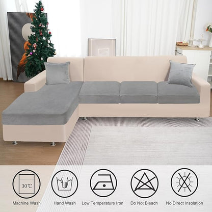 Sectional Couch Covers for 4-Piece Seat Cushion Velvet Separate L Shape Couch Cover Stretch Sofa Slipcover with 2 Pieces Pillowcases Furniture Protector (Sofa 3 Seater + 1 Chaise, Light Grey)