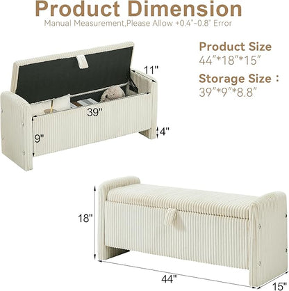 44" Storage Ottoman Bench, Upholstered End of Bed Storage Benches, Rectangle Ottoman with Storage for Bedroom, Entryway, Corduroy Beige