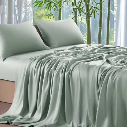 Shilucheng 100% Viscose Derived from Bamboo_ Sheets King Size 4pcs - Ultra Cooling & Silky Soft Bed Sheets, 16" Deep Pocket, Perfect for Hot Sleepers, Hotel Bedding Sheets (Sea Glass)