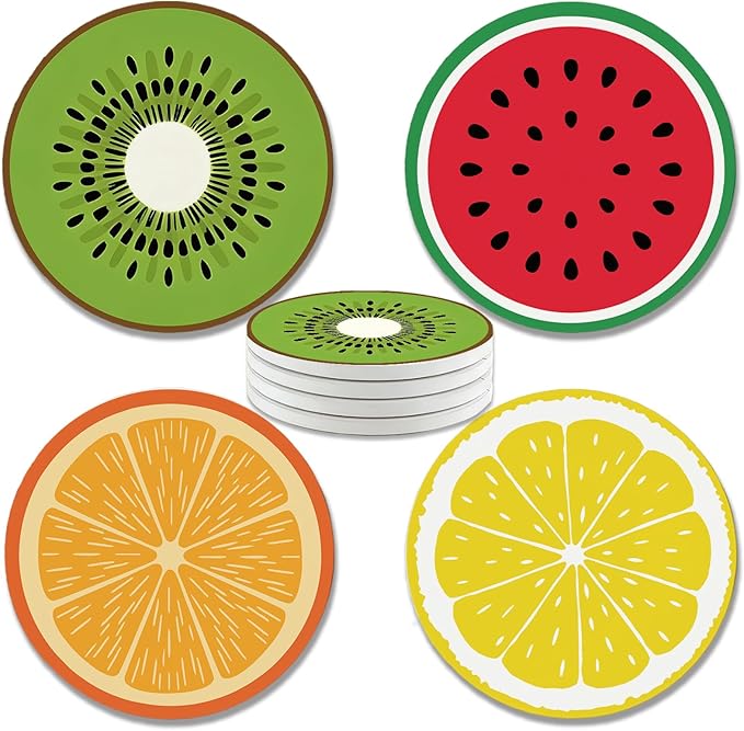 zcyhtqp, Funny Absorbent Round Ceramic Stone Coasters Set of 4 with Cork Base, Funny Fruits Round Ceramic Coasters, Gifts for Home, Kitchen, Bar, Coffee Table, Office Table Décor