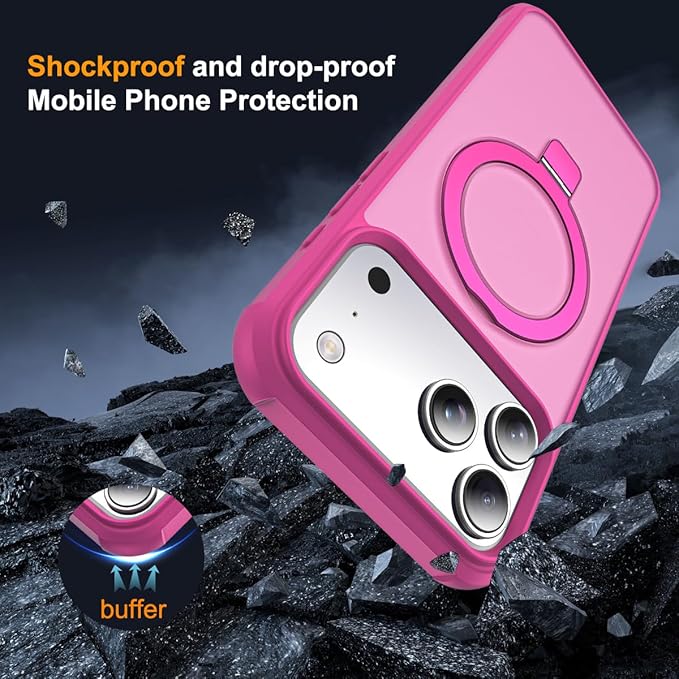Compatible with iPhone 17 Pro Case with Invisible Magnetic O-Ring Stand Military-Grade Translucent Phone Case for iPhone 17 Pro 6.3" [Compatible with Mag-Safe][Great Grip Feeling], Rose
